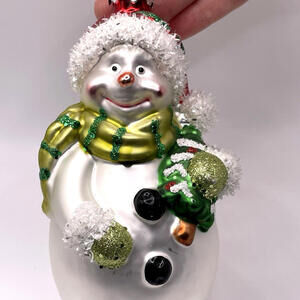 Large Snowman Holding‎ Christmas Tree Glass Christmas Ornament 6" Length